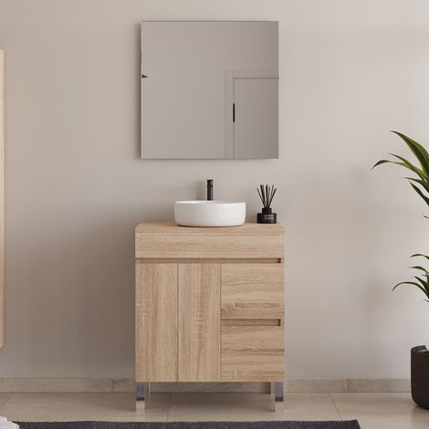 Meuble de salle de bain 70cm sur pieds avec plateau et une cuve à poser ronde - portes et tiroirs - cambrian (chêne clair) - HARO (1/5)