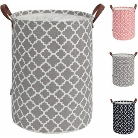 Alovez - 48L Grand panier linge avec poigne en cuir durable, corbeille a linge rond cordon de serrage, panier linge pliable, panier de rangement des vtements pour la chambre coucher (Gris, L) (1/5)