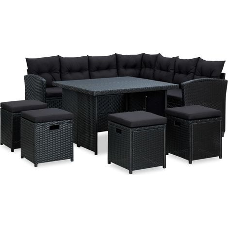 Salon de jardin 6 pcs Ensemble Table et Chaise de Jardin - avec coussins Résine tressée Noir BV610312 - BonneVie (1/5)