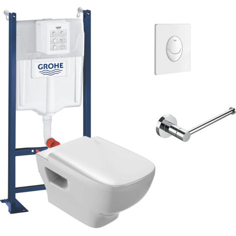 Pack WC suspendido sin cerco JACOB DELAFON Struktura + estructura soporte GROHE + placa Start blanca + portarrollos redondo