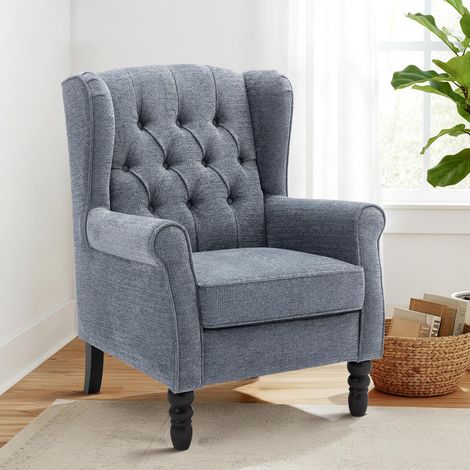 Fauteuil Vintage Mi-Siècle, Fauteuil à Oreilles Rembourré avec Capitonnage Boutonné, Housse en Tissu et Pieds en Bois Massif pour Salon, Bureau, Café - Bleu (1/5)