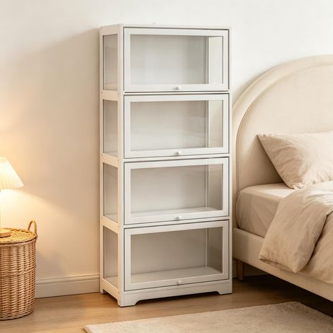 Vitrinenschrank mit 4 acryl schiebetüren 59 x 30 x 139 cm - eleganter regalschrank und stauraum-schrank fürs wohnzimmer aus mdf modern - weiß (1/5)