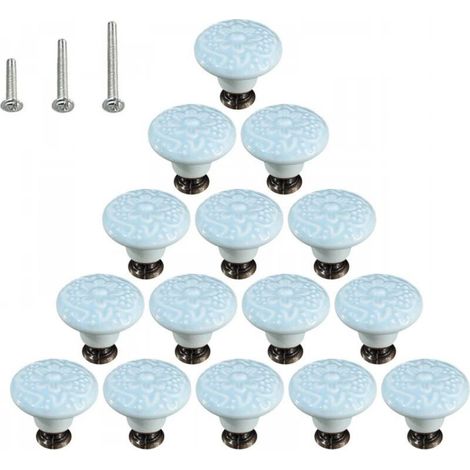 Lot de 15 poignées de commode en céramique brillante style champignon avec 3 vis de montage, bleu ciel (1/5)