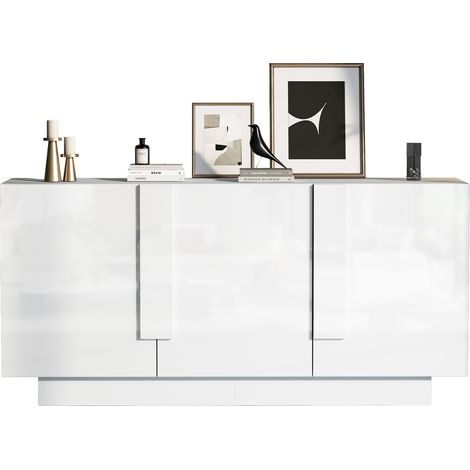 Buffet 160cm - 3 Portes Brillantes avec Étagères Réglables - Pour Salon, Salle à Manger - Blanc (1/5)