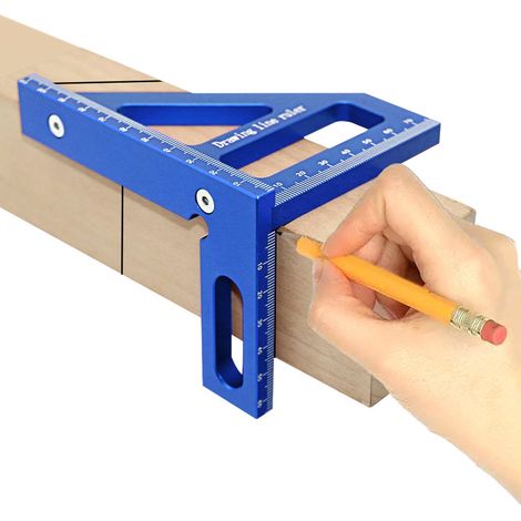 3D-Mehrwinkel-Messlineal 45/90 Grad, Winkelmesser für Holzbearbeitung, Winkelmesser mit Ausrichtungskorrekturdreieck, Lineal aus Aluminiumlegierung, hochpräzises Markierungs- und Messwerkzeug (Blau) (1/5)