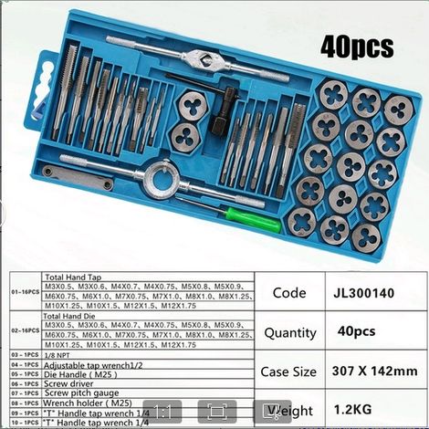 Métriques Jeu de tarauds et filières 40 Pcs Set M3 à M12 Fiche de réparation de filetage (1/4)