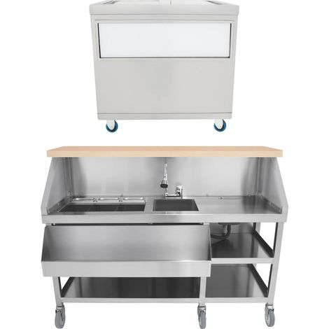 Estación de Coctelería Móvil Premium con Carro de Hielo 86L, Acero Inoxidable, Fregadero, Grifo 360°, Depósito 62L, Pizarra Magnética y Accesorios para Bares y Eventos (1/5)