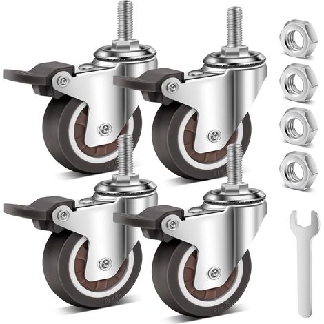 Lot de 4 roulettes à tige de 2 pouces avec double verrouillage, M8 x 25 mm (diamètre de vis 8 mm, longueur 25 mm), roulettes robustes, 400 kg, roues pivotantes filetées pour chariot et meubles (1/5)