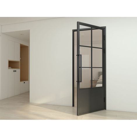Porte verrière intérieure 93 x 204 cm, bloc porte Loft, verre transparent, style atelier soubassement noir 6 fenêtres, ouverture tirant droite