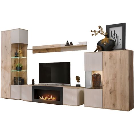 Set da salotto ERINA – Vetrina, mobile TV con camino a bioetanolo, mensola da parete e buffet alto – Rovere chiaro e beige