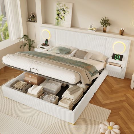Bettgestell 180x200 cm Beige aus Samt mit LED-Kopfteil, USB-Anschlüssen und Stauraum (1/5)