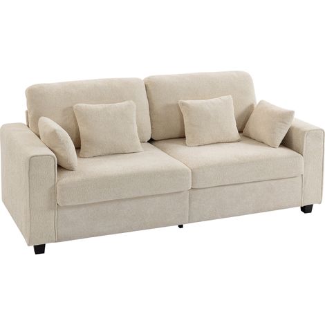 Beiges 3-Sitzer-Sofa mit Bezug aus Samt in Tropfenform, tiefer Sitzfläche, Federkernkissen, breiten Armlehnen und 4 Kissen