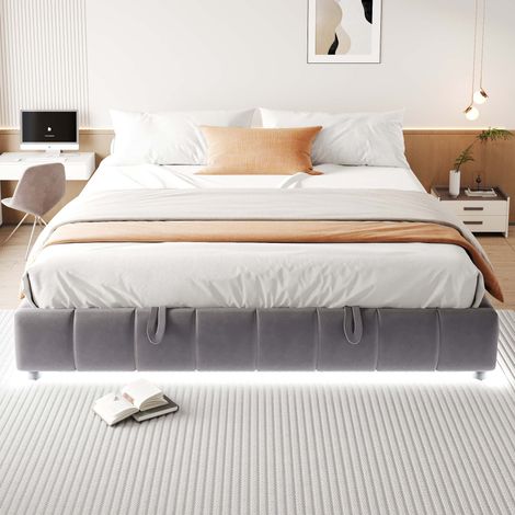 Cadre de lit rembourré 180x200 cm avec sommier à lattes inclus, coffre de rangement hydraulique, éclairage LED blanc, sans tête de lit, velours gris, sans matelas (1/5)