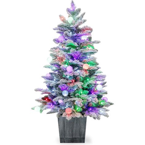 COSTWAY Albero di Natale Artificiale 100 CM, Albero di Natale in Vaso con 148 Punte in PVC e PE, 80 Luci LED Colorate e Luci a Globo, Decorazione Natalizia Stagionale per Interni (1/5)