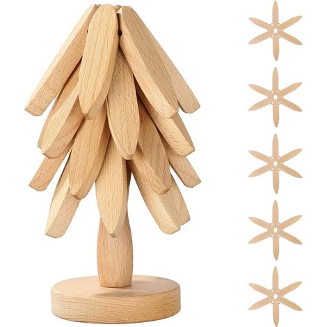 Dessous de verre en bois pour plats chauds, en forme d'arbre, 5 d'entre eux + 1 tige empilés comme un sapin de Noël, en bois de hêtre. (1/4)