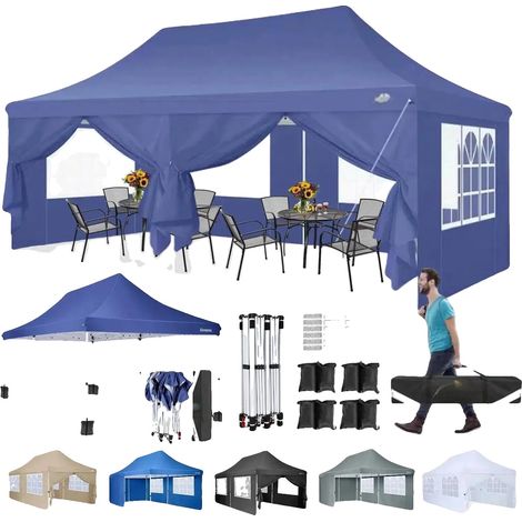 Gazebo, Tissu Imperméable, Hauteur Réglable, Bleu Marine (1/2)