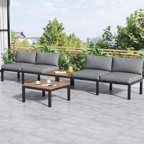 Ensemble de jardin gris : 2 canapés 2 places, 2 tables d'appoint, 1 table basse. Plateau acacia massif, housse dossier en tissu.