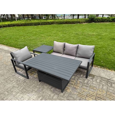 Fimous Aluminium Garden Furniture Set 4 Piece Aluminium Lounge Seating Adjustable Rising Lifting Dining Table Set with Cushions Side Table Dark Grey (1/5)