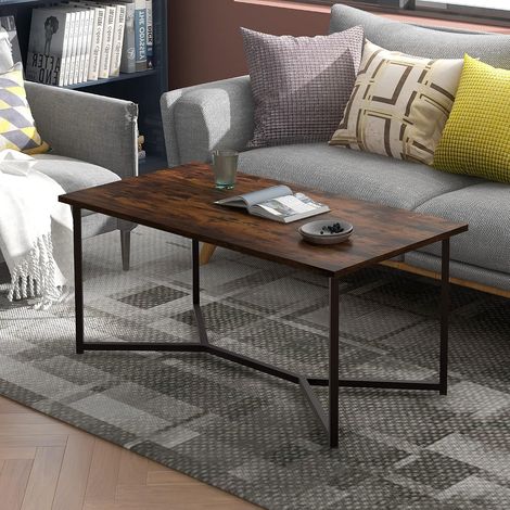 Mid-century modern rectangular coffee table, coffee table with thick top, open rectangular living room table, X-shaped steel frame and wooden panel for home, office (1/5)