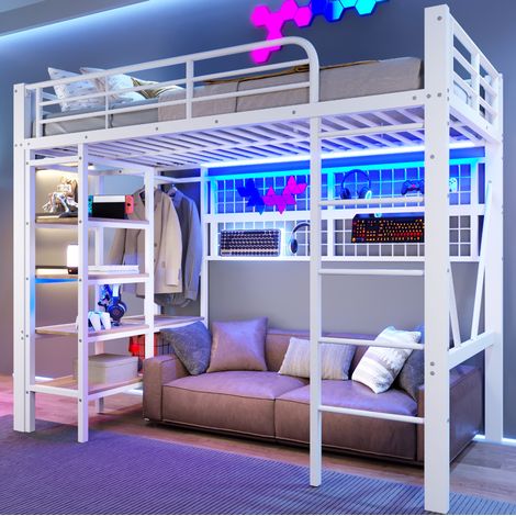 MODFU – Cama alta 90x200 cm de metal blanco con LED controlable por app, almacenamiento, red y perchero – Blanco (1/5)