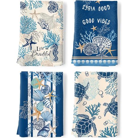 Torchons de Cuisine Cotier Lot de 4, Main Absorbante 100% Coton Torchon Shell Coral Étoile de Mer Vaisselle Saisonnier Cadeaux pour Crémaillère Et Décoratif 48 Cm X 70 Cm (1/5)