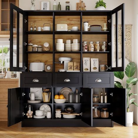 Buffet 140x40x180, Vitrine Buffet salle à manger, tiroirs, MDF noir, rangement modulable, anti-basculement sécurisé (1/5)