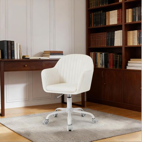 Sedia da ufficio 58x58.5x79.5-87 cm bianco crema in velluto e metallo con ruote e altezza regolabile (1/5)