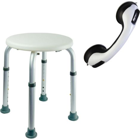 Tabouret de douche PMR PELLET Essentiel rond hauteur réglable + Barre à ventouse de maintien PMR PELLET 30 cm
