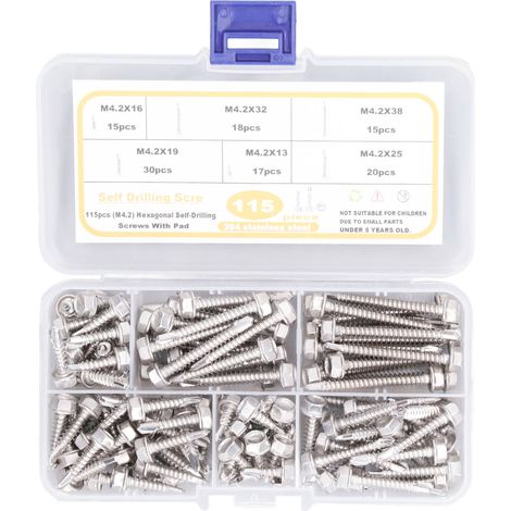 115PCS Hex Self Drilling Screw M4.2 304 Stainless Steel High Hardness Screws with Washer for Garage