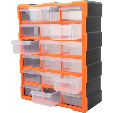 Boîte de rangement murale 18 tiroirs transparente, grande capacité, organiseur pour vis, composants électriques et petites pièces. (1/5)