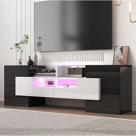 Mobile TV 145 cm nero e bianco lucido con illuminazione LED e pannello in vetro temperato (1/5)