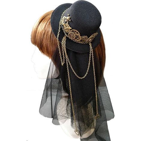 Steampunk mini top hat, dark veil, gear-shaped gothic hat, masquerade prop, hair accessory (1/5)