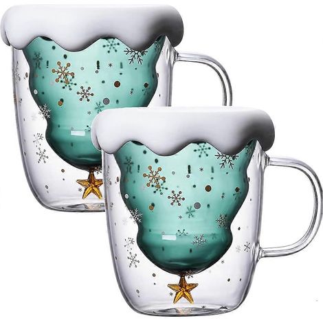 2er-Set Weihnachtstassen, doppelwandige Borosilikatglas-Weihnachtstassen mit Schneeflockendeckeln, 300 ml, hübsche Tassen für Kaffee (1/5)