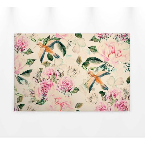 Tableau à fleurs beige rose & vert | Tableau motif fleur feuille & oiseau | Tableau shabby romantique pour cuisine & salon 0,9 x 0,6 m (1/5)