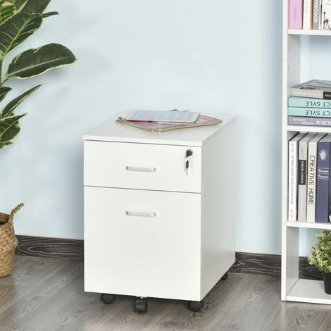 Mobiletto per ufficio con ruote, 2 cassetti per documenti formato A4, con serratura, 40x49x58 cm, bianco