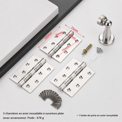 Ensemble 3 charnières plates 4x3x3 et 1 butée de porte en acier inoxydable brossé 4x3x3 3 pièces 1 1 kg – Livraison gratuite