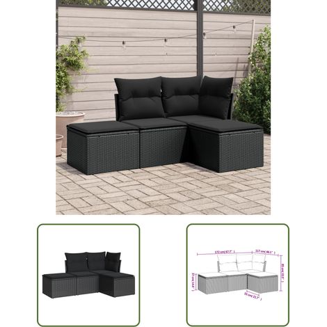 The Living Store Salon de jardin 4 pcs avec coussins noir résine tressée - Ensemble Salon De Jardin - Mobilier De Jardin - Canapé Extérieur - Chaise Lounge - Set De Jardin (1/3)