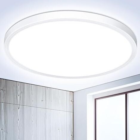 QORVA-Plafonnier LED rond plat - 18 W 6500 K 1600 lm IP44, blanc froid moderne, idéal pour salle de bain, couloir, cuisine, chambre, balcon, salon, escalier, sous-sol, Ø 22,3 cm [Classe énergétique E]