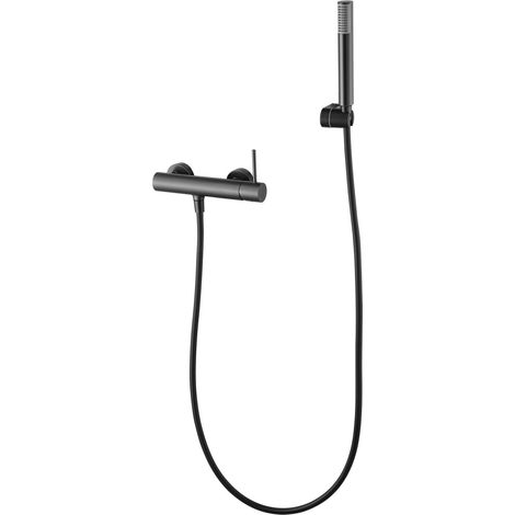 IMEX Set doccia con corpo rubinetto en latón tubo flexible PVC 180 cm soporte ABS ducha redonda cartucho cerámico Ø35 mm acabado PVD black gun metal – Modelo Monza