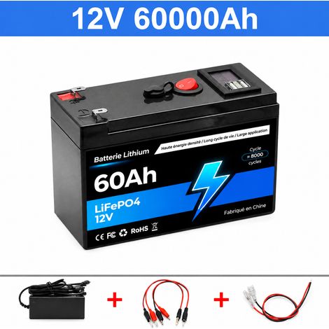 Batterie Lithium 12V-60AH Décharge Profonde 150x64x95 mm avec Chargeur Câble Pinces Crocodiles Câble à Cosses Noir – 15 × 6,4 × 9,5 cm – Livraison gratuite (1/5)