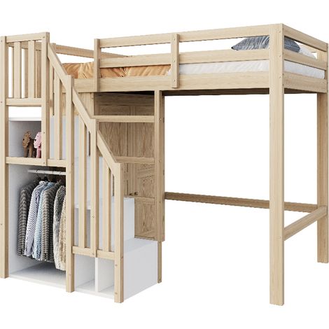 Hochbett 90x200 mit Schrank und Stauraumtreppe, Massivholz Kinderbett & Jugendbett, platzsparendes Multifunktionsbett, Kiefer Holzfarbe (1/5)