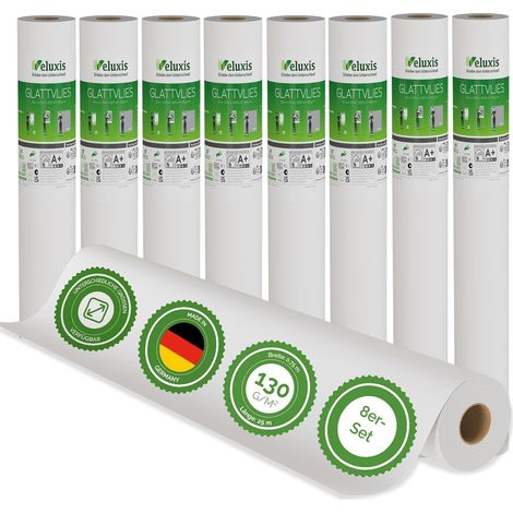 Veluxis® Premium Glattvlies als Untertapete & für Malerarbeiten – überstreichbar, rissüberbrückend, formstabil – Vlies Tapete, Wandvlies in Premium-Qualität (8er-Set Weiß, 25,00 m x 0,75 m - 130g/m²)