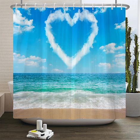 Rideau de douche 3D motif plage, rideau de salle de bain mer Méditerranée, tissu imperméable, dimensions : 120 cm x 180 cm.
