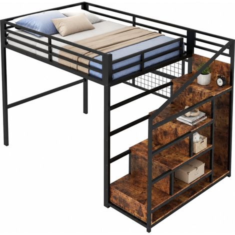 Cama alta 140x200 cm de metal negra, con escalera-armario, rejilla para colgar, espacio abierto bajo la cama y tira LED de 7 colores, sin colchón  CHICFURN (1/5)