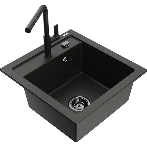 Mexen Vito 1-Becken-Granit-Spüle mit Mischbatterie Flora, Schwarz/Gold metallisch - 6503-75-670401-7