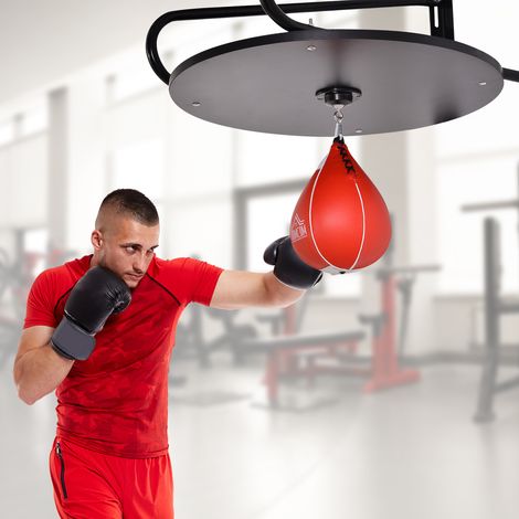 Punching Ball Poire de Vitesse Boxe avec Support Plateau tournant + Pompe en bois Hauteur Réglable Acier revêtement synthétique Rouge Noir