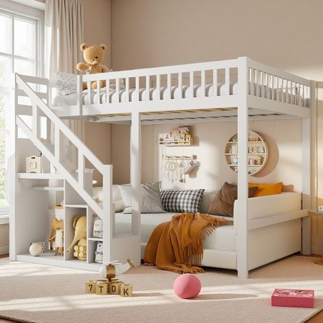 Letto mezzanino per bambini 90x200cm Bianco lucido - Letto a castello singolo Loft adolescente con scala di stoccaggio e recinto a stella in legno massello