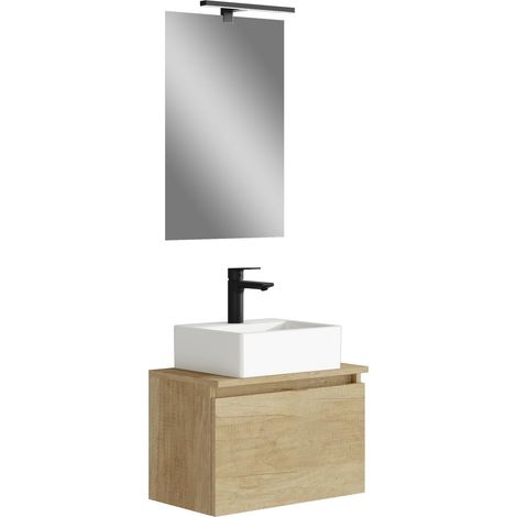 Ensemble de Meuble de Salle de Bain Petit Meuble avec lavabo en céramique et Miroir avec Applique lumière LED Meuble Suspendu au Mur Plusieurs Finitions et Dimensions Meuble monté (1/5)