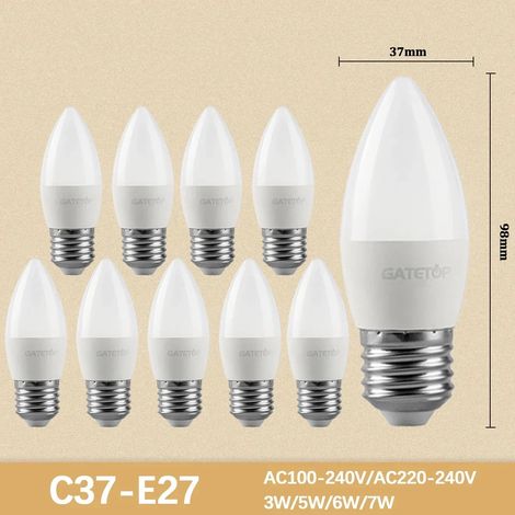 (C37 E27, Blanc chaud 3000K) 10 mini-ampoules LED à haut rendement lumineux, sans scintillement, idéales pour l'éclairage des pièces à vivre.