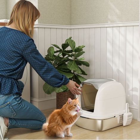 Arenero para gatos de acero inoxidable con tapa, 52,4 x 41,3 x 42 cm, blanco OKMYHOME (1/5)
